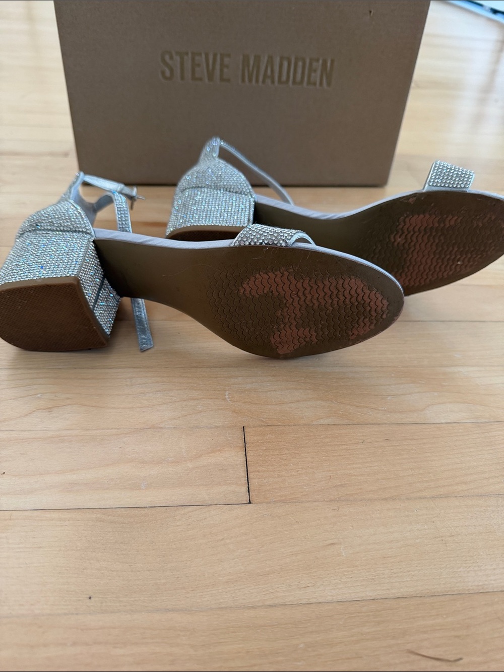 Steve Madden Silver Rhinestone Open-Toe Block Heels - Picture 4 of 7